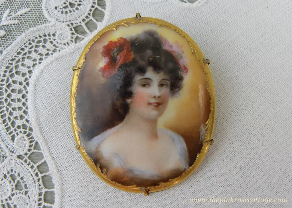 Antique Victorian Edwardian Hand Painted Woman with Poppy Pin Brooch