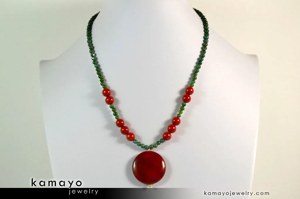 ARIES NECKLACE - Coin Red Jasper Pendant and Green Jasper Beads