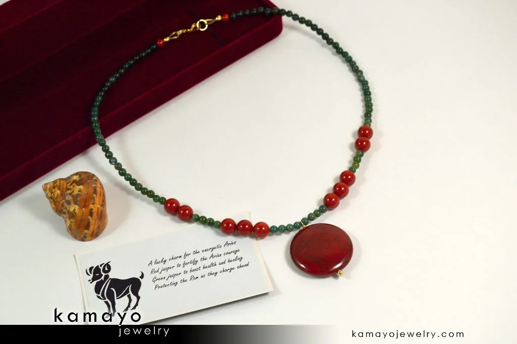 ARIES NECKLACE - Coin Red Jasper Pendant and Green Jasper Beads