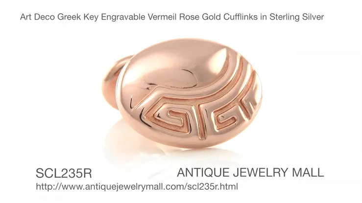 Art Deco Greek Key Engravable Vermeil Rose Gold Cufflinks in Sterling Silver
