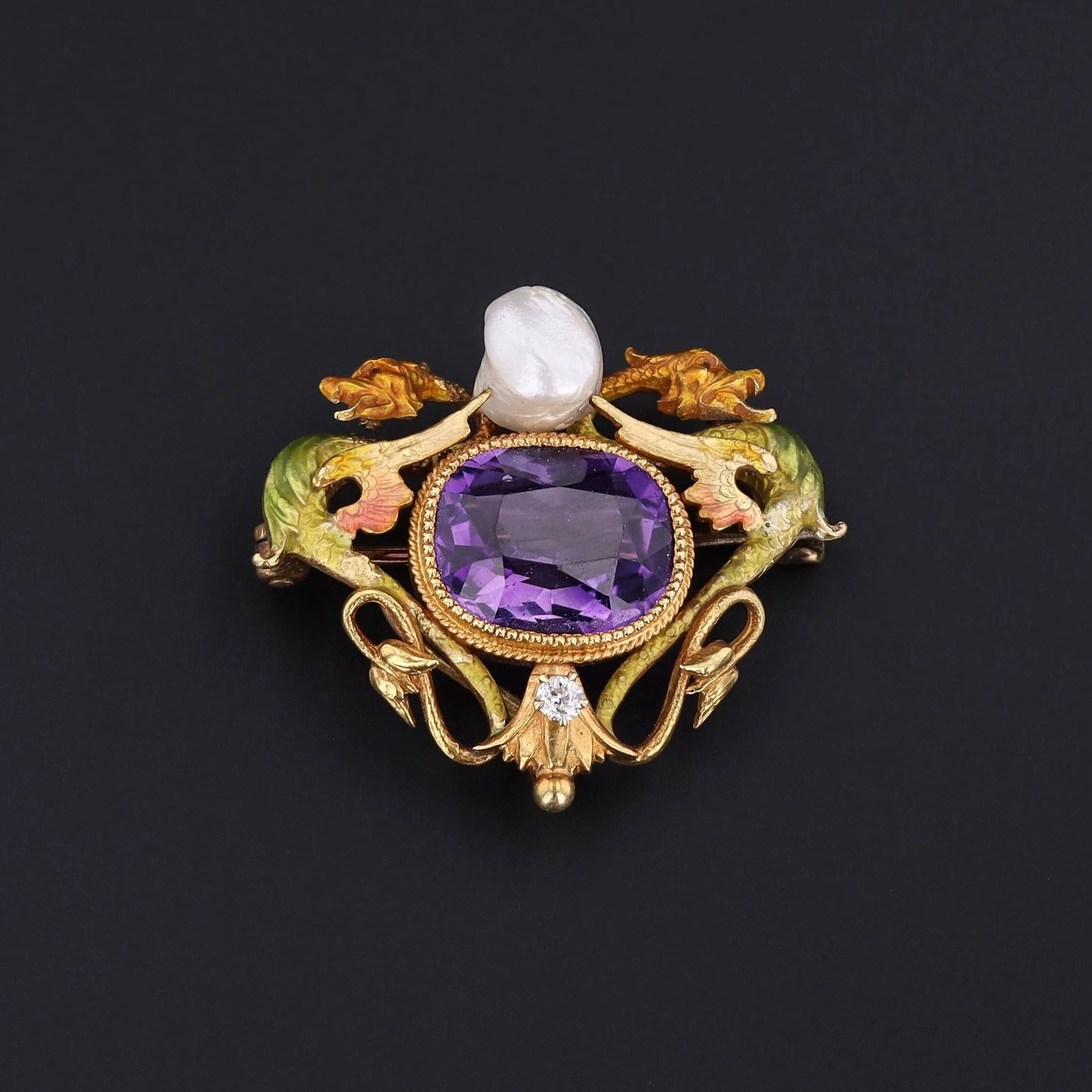 Art Nouveau Enamel Dragon Brooch 14k Gold