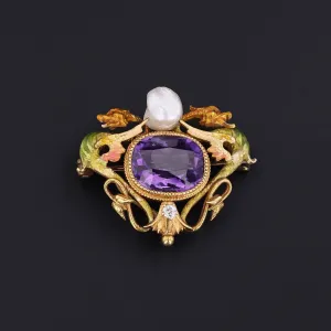 Art Nouveau Enamel Dragon Brooch 14k Gold