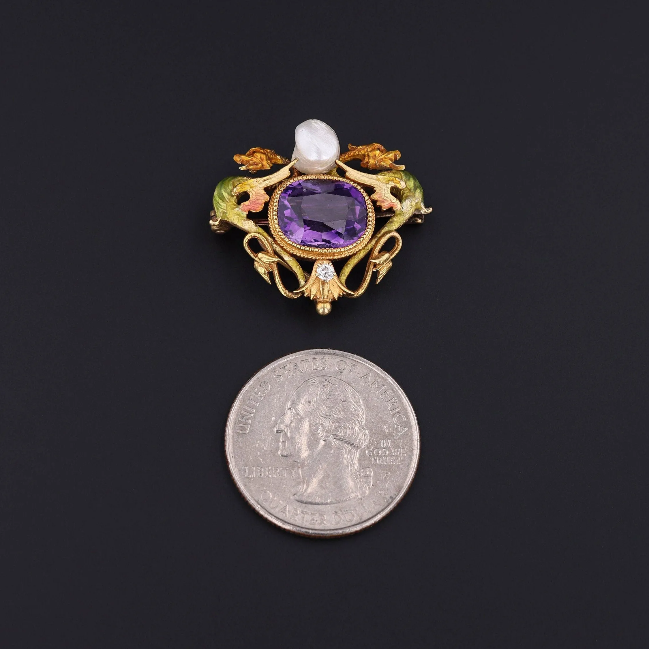 Art Nouveau Enamel Dragon Brooch 14k Gold