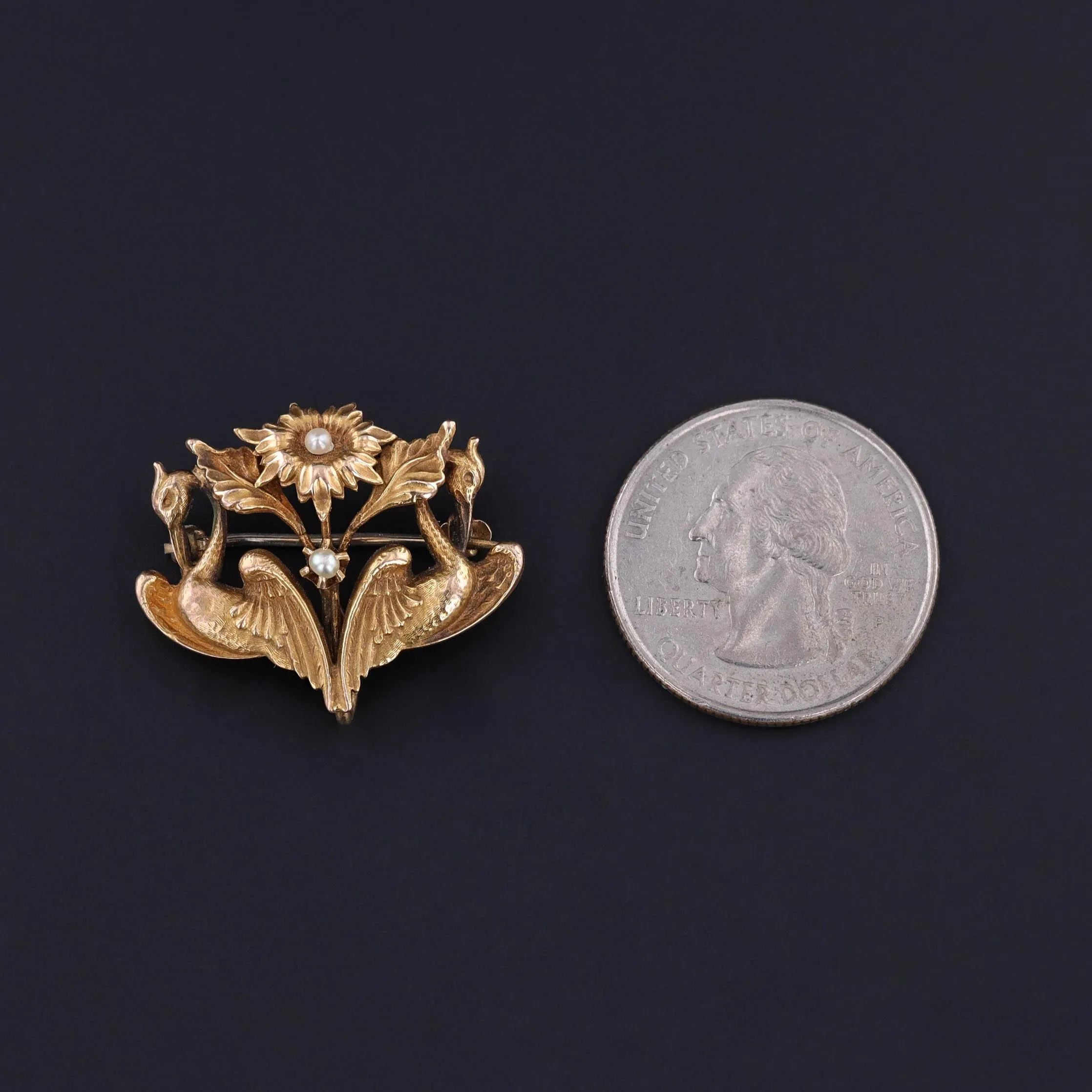 Art Nouveau Swan Brooch of 10k Gold