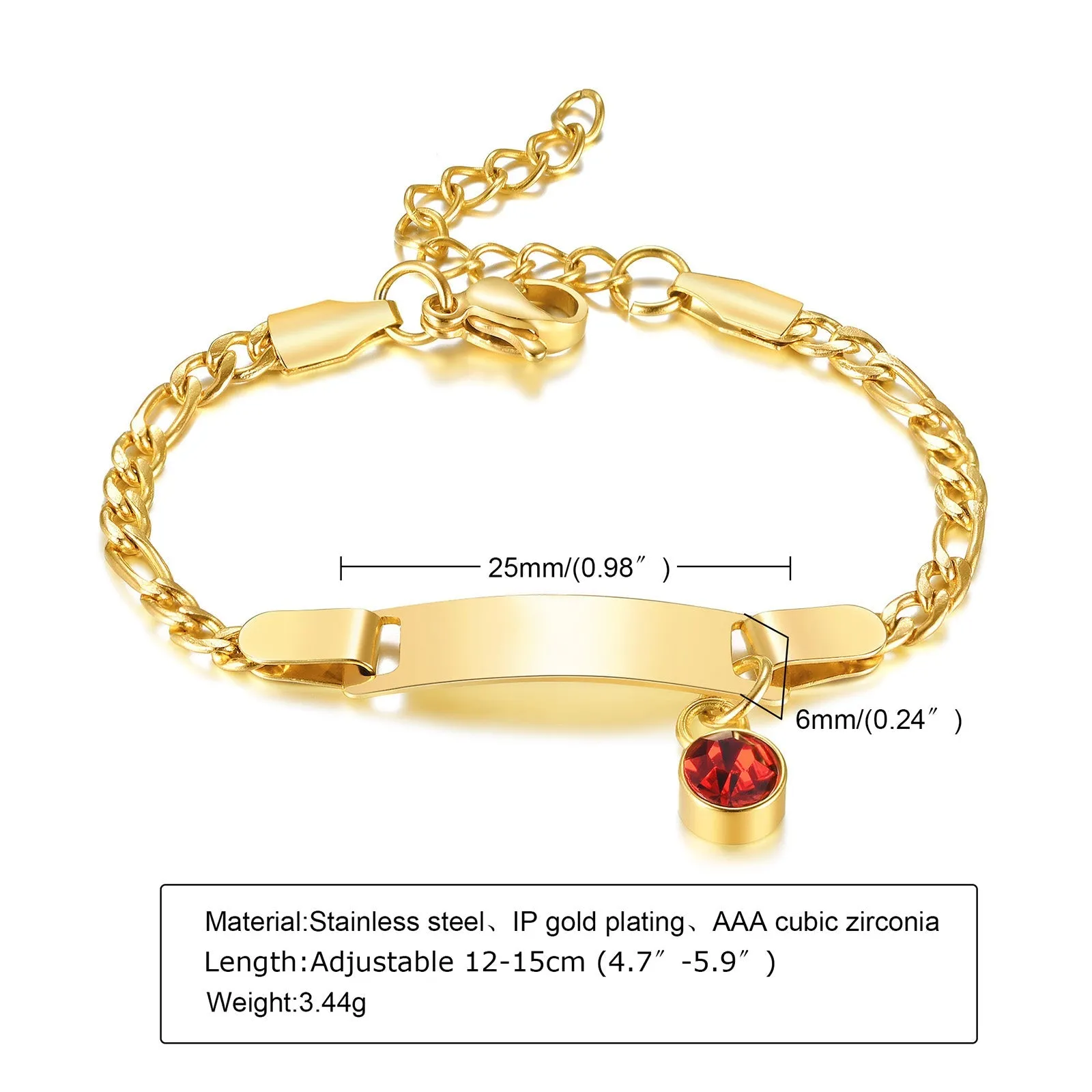 Baby and Children's Bracelets:  Steel with Gold IP Engravable Bracelets with Blue CZ Charm - Age 3 Months to 5 Years