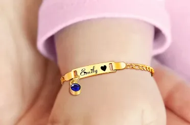 Baby and Children's Bracelets:  Steel with Gold IP Engravable Bracelets with Blue CZ Charm - Age 3 Months to 5 Years