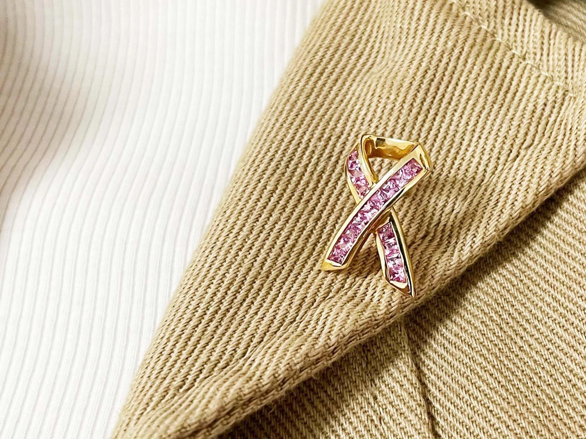 BCRF Pink Ribbon Brooch in 14k Yellow Gold