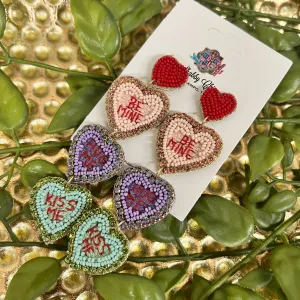 Beaded Conversation Heart Earrings - Be Mine, Hug Me, Kiss Me