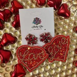 Beaded LOVE Heart Earrings - Red