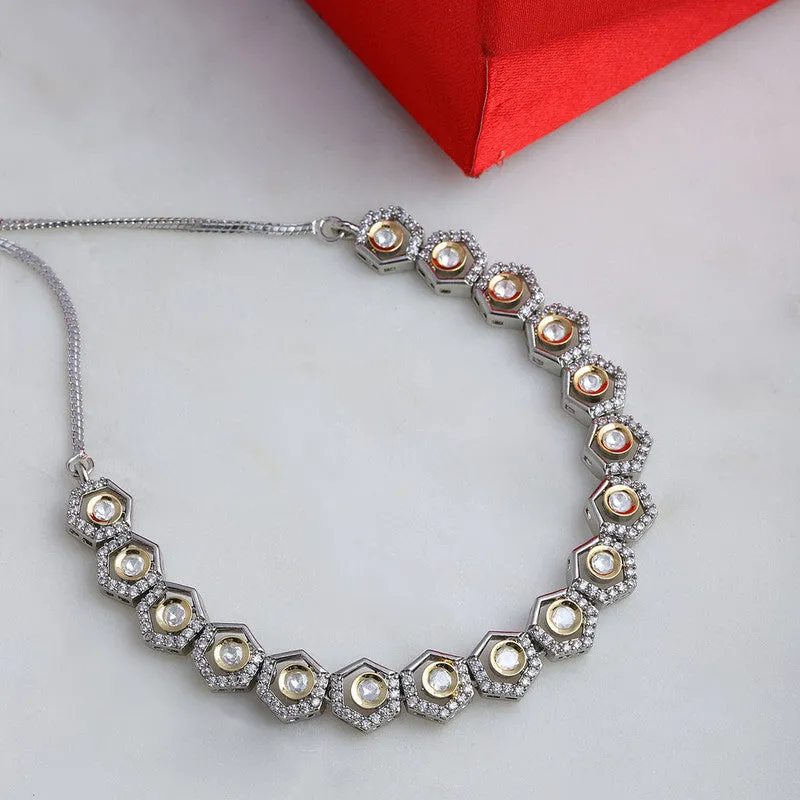 Beautifully Design Dual Tone Gold And Silver Choker With American Diamonds And Kundan