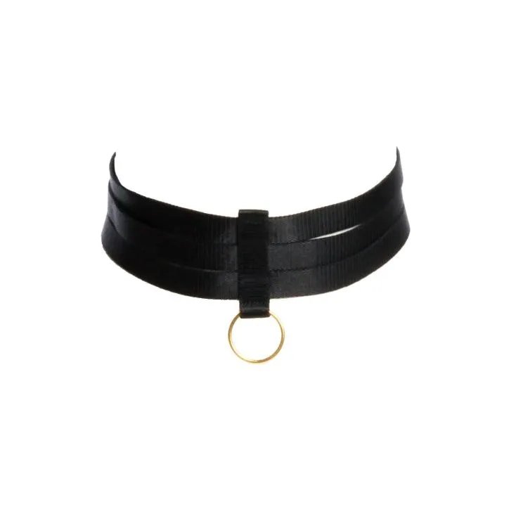 Black Bondage Choker with Gold Sliders and Ring