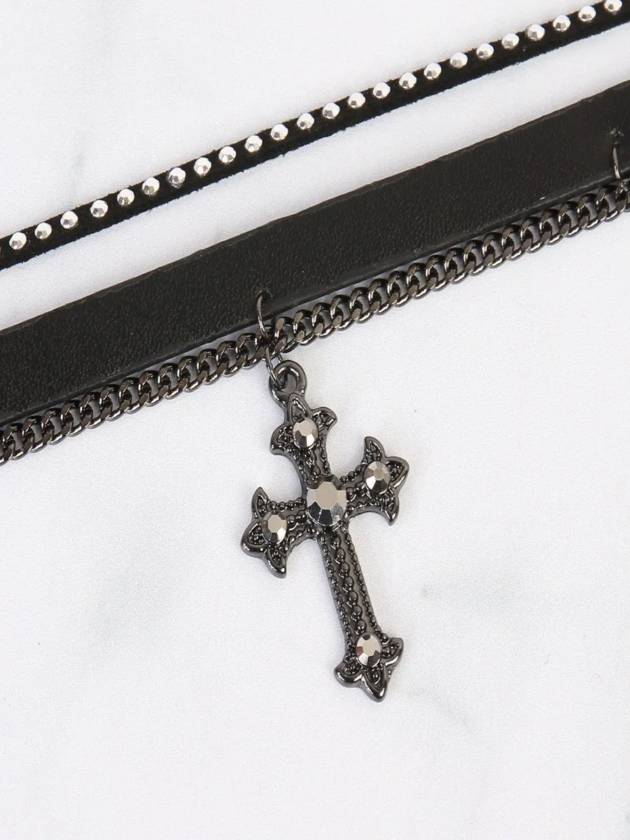 BLACK CROSS LEATHER CHAIN CHOCKER NECKLACE