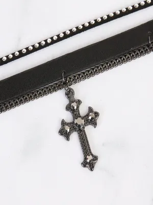 BLACK CROSS LEATHER CHAIN CHOCKER NECKLACE