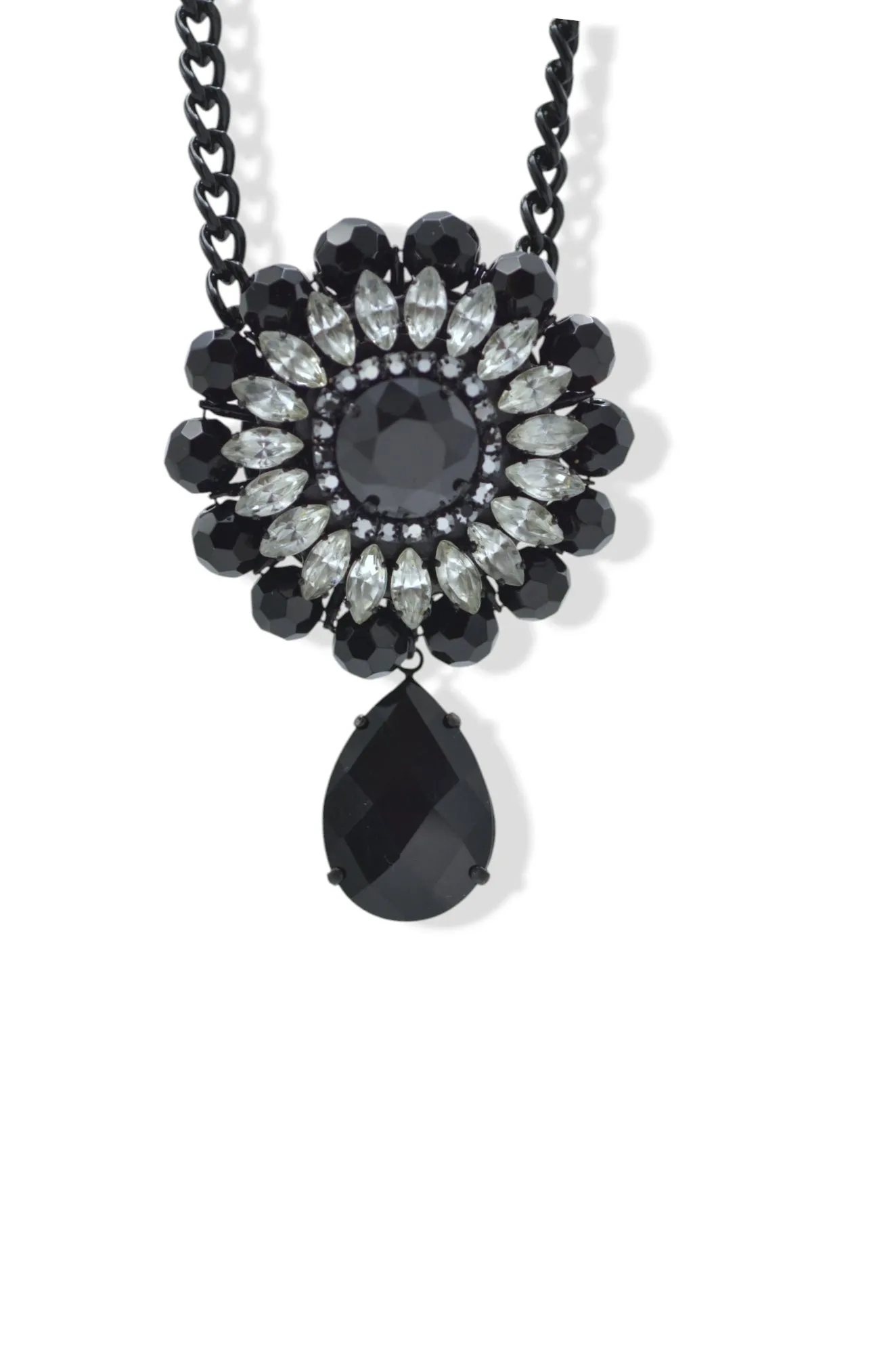 Black Metal Necklace with Clear Crystal and Black Faceted Teardrop Pendant #256BK1301 (1B9/1F7)