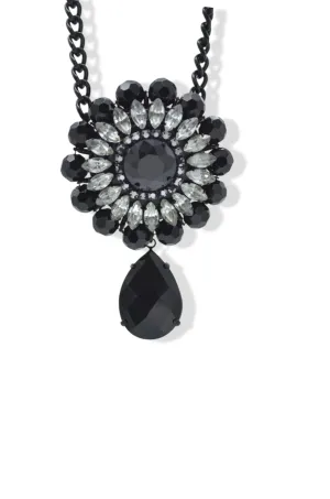 Black Metal Necklace with Clear Crystal and Black Faceted Teardrop Pendant #256BK1301 (1B9/1F7)