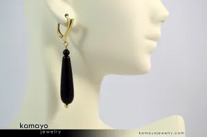 BLACK ONYX EARRINGS - Long Drop Ear Rings for Women - Teardrop Pendant - 14K Gold Filled Leverback