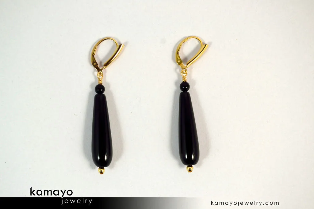 BLACK ONYX EARRINGS - Long Drop Ear Rings for Women - Teardrop Pendant - 14K Gold Filled Leverback