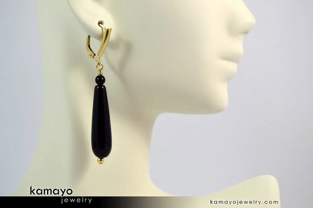 BLACK ONYX EARRINGS - Long Drop Ear Rings for Women - Teardrop Pendant - 14K Gold Filled Leverback