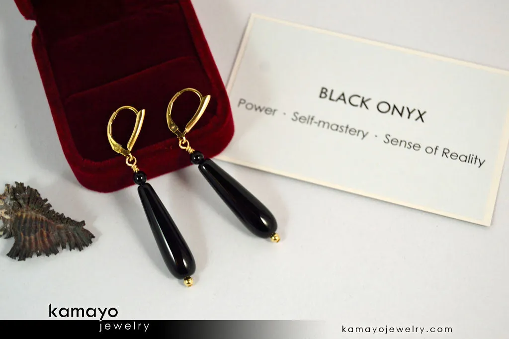 BLACK ONYX EARRINGS - Long Drop Ear Rings for Women - Teardrop Pendant - 14K Gold Filled Leverback