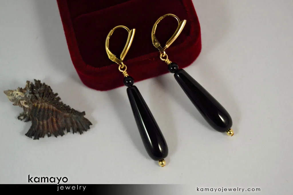 BLACK ONYX EARRINGS - Long Drop Ear Rings for Women - Teardrop Pendant - 14K Gold Filled Leverback