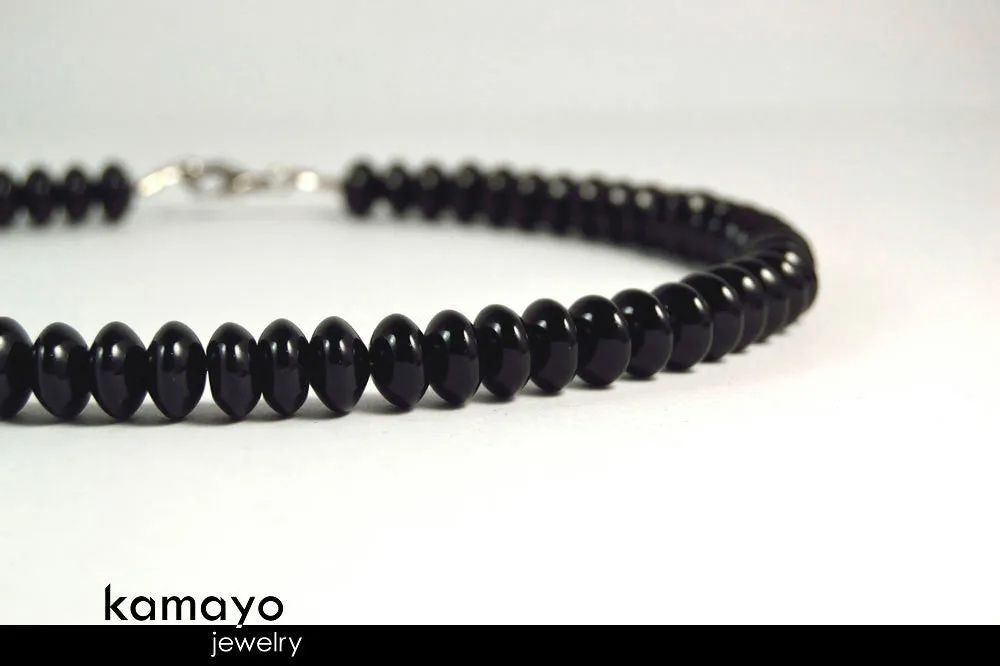 BLACK ONYX NECKLACE - Roundel Beads - Men's Choker or Princess Necklace for Women