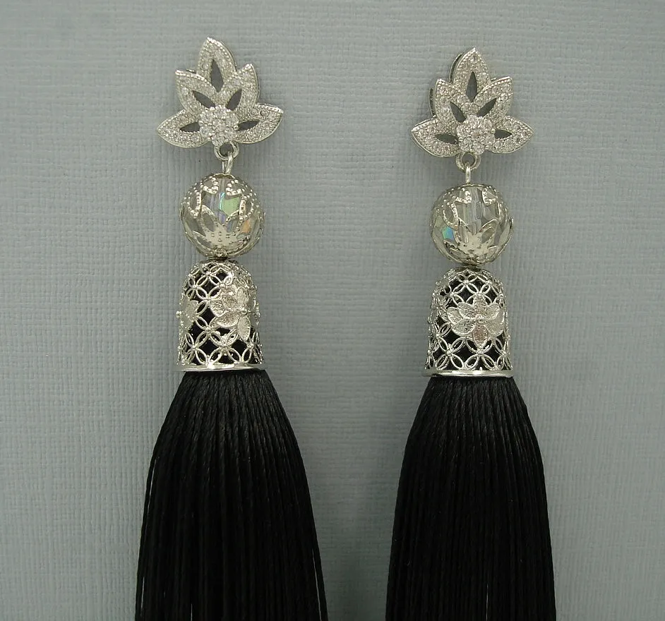 Black Thread Tassels Flower Cubic Zirconia Ear Stud Dangle Earrings.