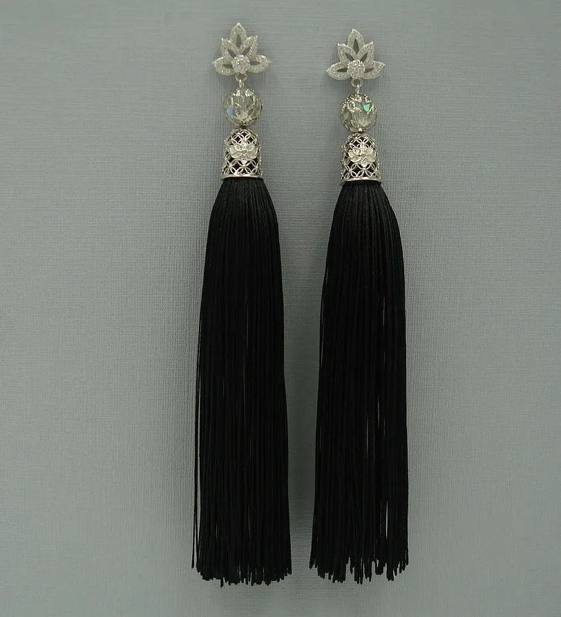 Black Thread Tassels Flower Cubic Zirconia Ear Stud Dangle Earrings.