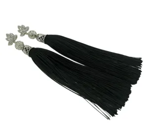 Black Thread Tassels Flower Cubic Zirconia Ear Stud Dangle Earrings.