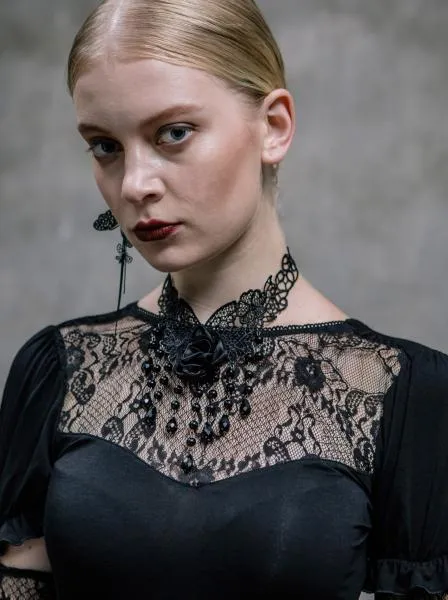 Black - Victorian Flower Tassel Choker