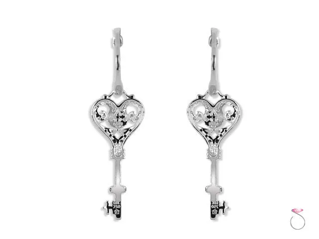Black White Diamond Dangle Key Earrings .56ct in 18K Gold
