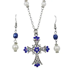 Blue Crystal Cross Necklace and Pierced Earring Set - PT723BL