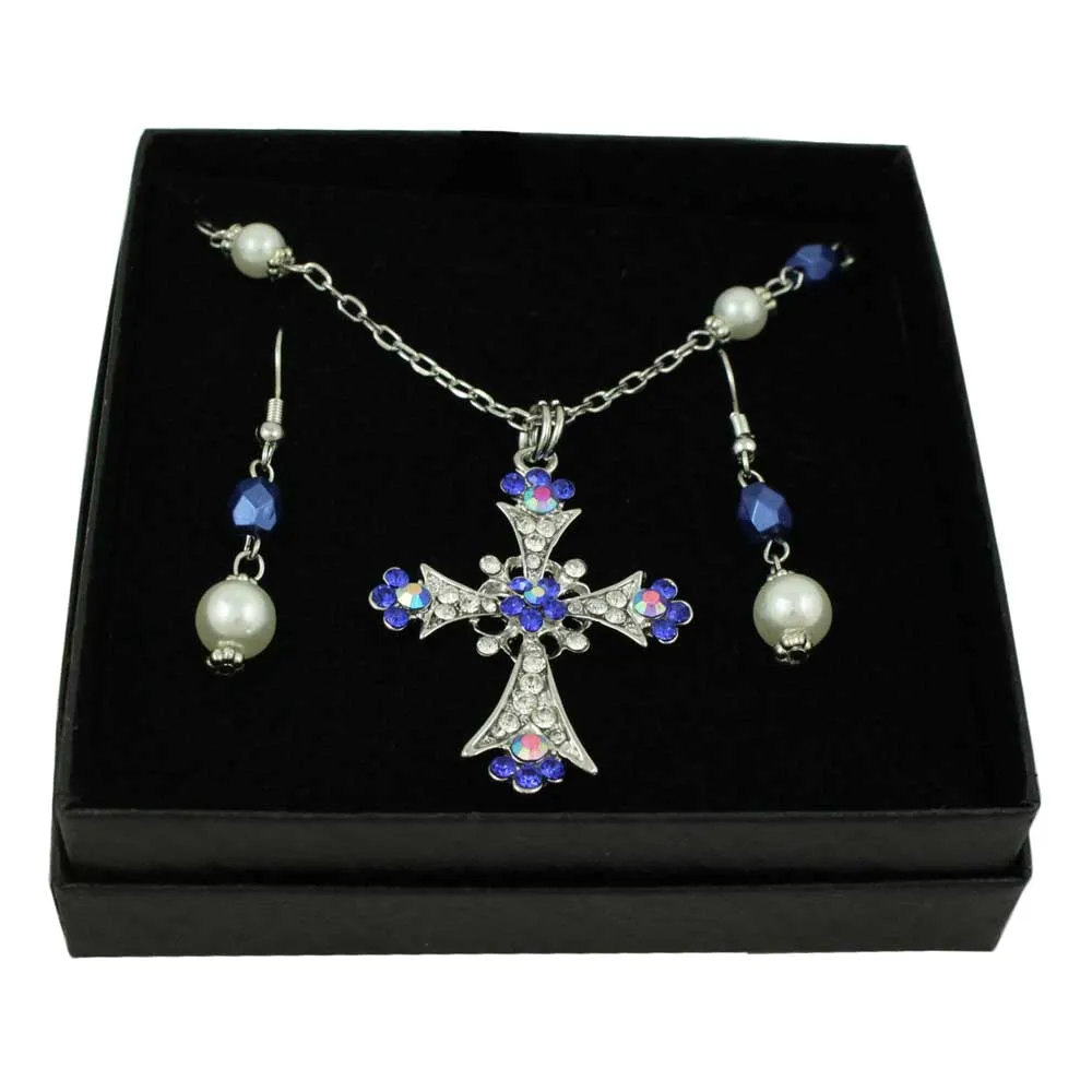 Blue Crystal Cross Necklace and Pierced Earring Set - PT723BL