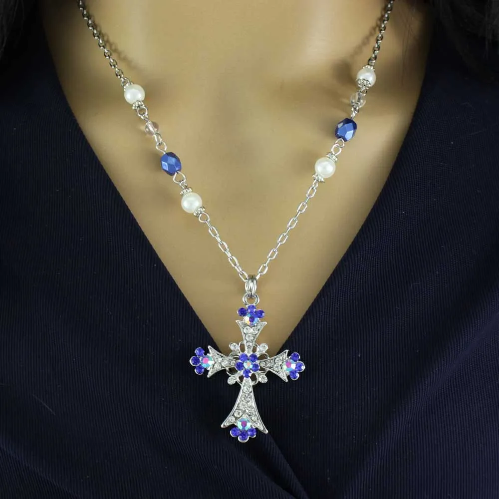 Blue Crystal Cross Necklace and Pierced Earring Set - PT723BL