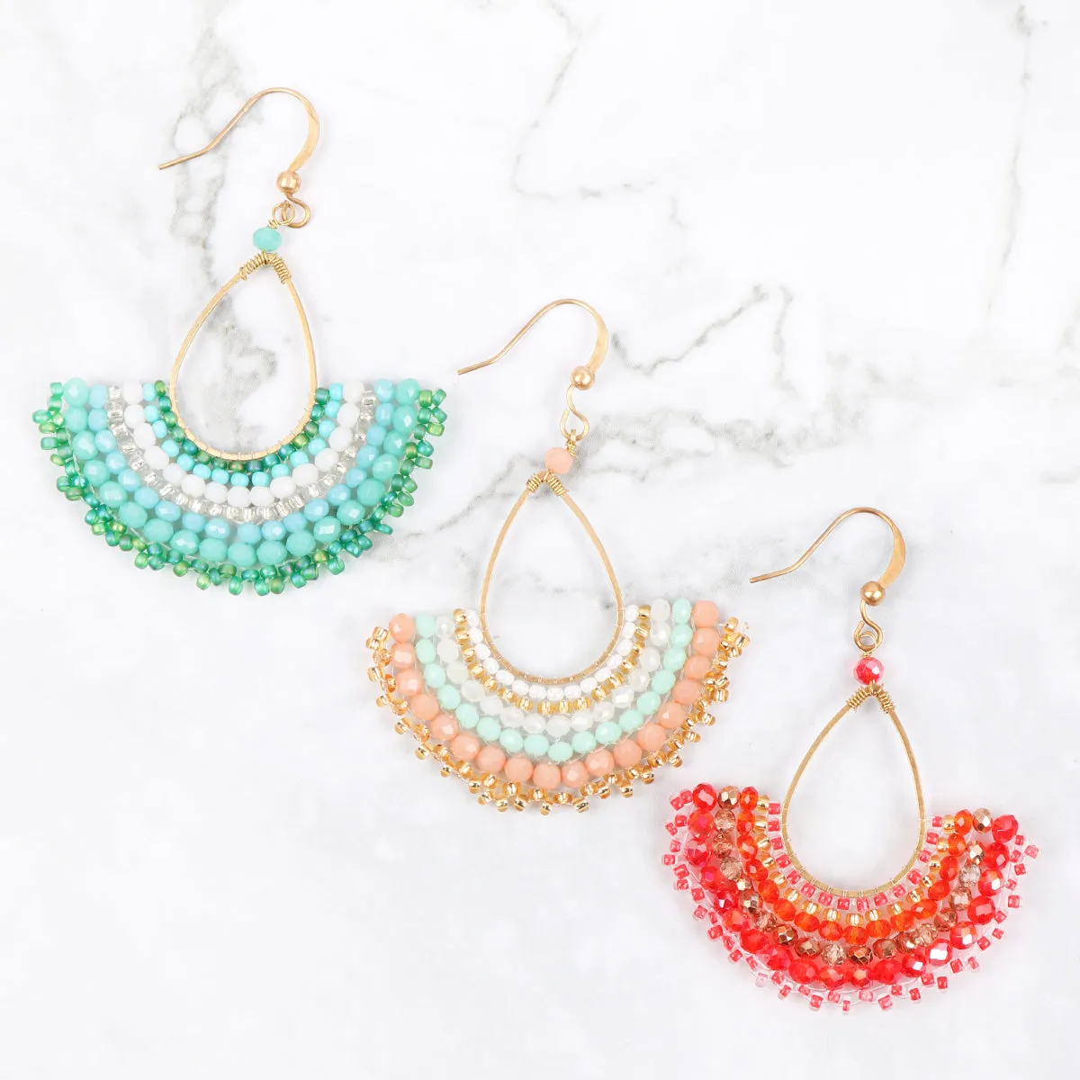 BOHEMIAN TEARDROP FAN MIX BEADS FISH HOOK EARRINGS