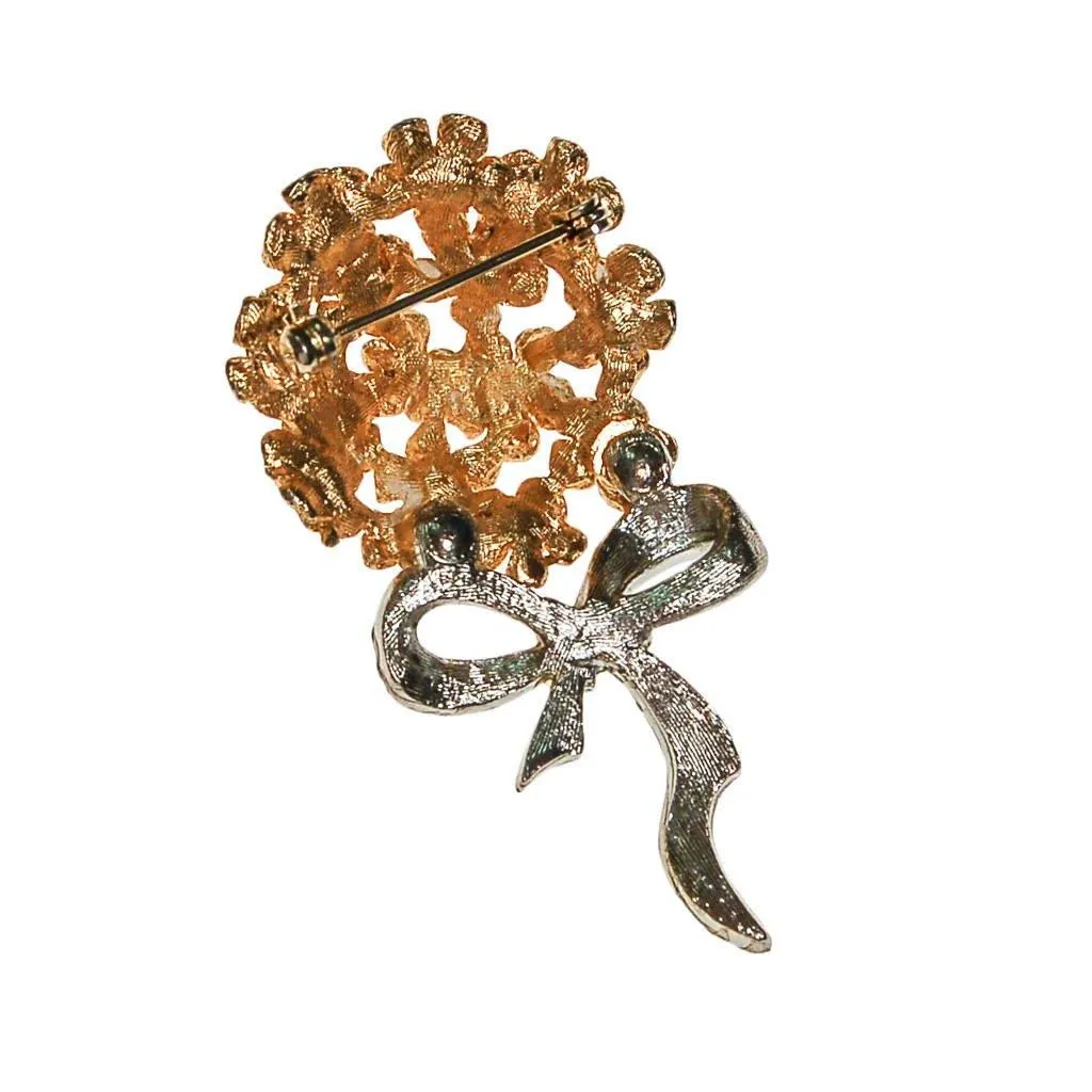 Bouquet of Posies Brooch, Gold Tone, Rhinestones, Bow