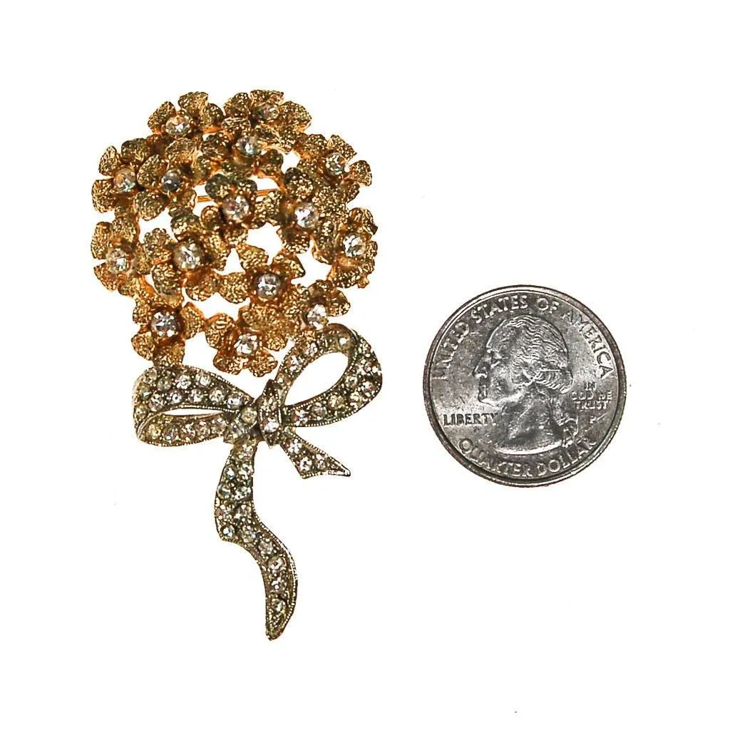 Bouquet of Posies Brooch, Gold Tone, Rhinestones, Bow
