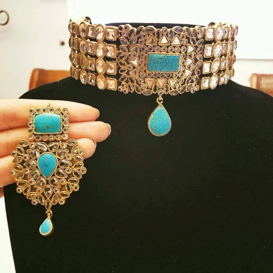 Bridal Choker Necklace with Turquoise Stones #J4165