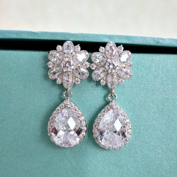 Bridal Teardrop Earrings. Cubic Zirconia Flower Post Clear White Round Cubic Zirconia Drop Earrings. Dangle Flower Earrings. Bridesmaid Gift