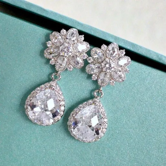 Bridal Teardrop Earrings. Cubic Zirconia Flower Post Clear White Round Cubic Zirconia Drop Earrings. Dangle Flower Earrings. Bridesmaid Gift