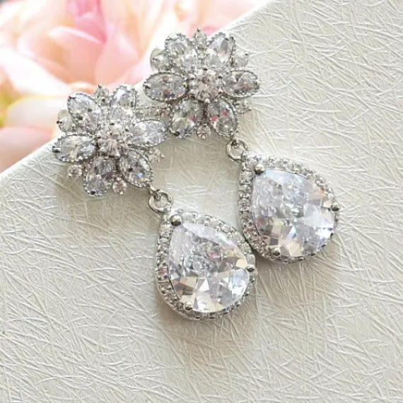 Bridal Teardrop Earrings. Cubic Zirconia Flower Post Clear White Round Cubic Zirconia Drop Earrings. Dangle Flower Earrings. Bridesmaid Gift