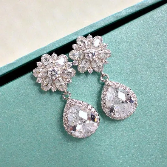 Bridal Teardrop Earrings. Cubic Zirconia Flower Post Clear White Round Cubic Zirconia Drop Earrings. Dangle Flower Earrings. Bridesmaid Gift