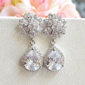 Bridal Teardrop Earrings. Cubic Zirconia Flower Post Clear White Round Cubic Zirconia Drop Earrings. Dangle Flower Earrings. Bridesmaid Gift