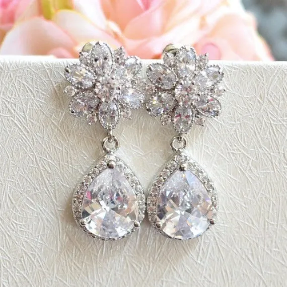 Bridal Teardrop Earrings. Cubic Zirconia Flower Post Clear White Round Cubic Zirconia Drop Earrings. Dangle Flower Earrings. Bridesmaid Gift