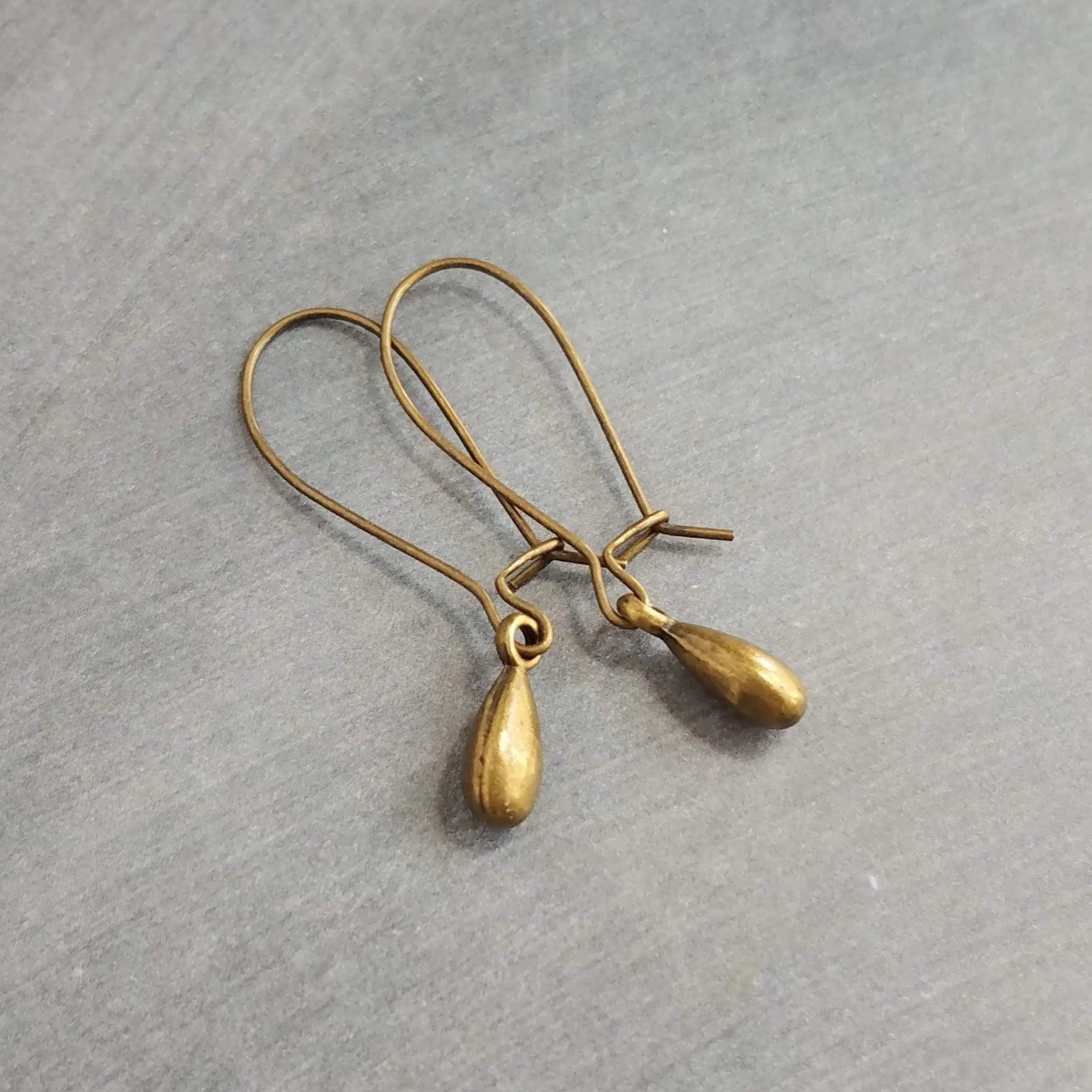 Bronze Drop Earrings, small drop earring, brass teardrop earring, simple teardrop earring, little brass drop earring, latching kidney hook