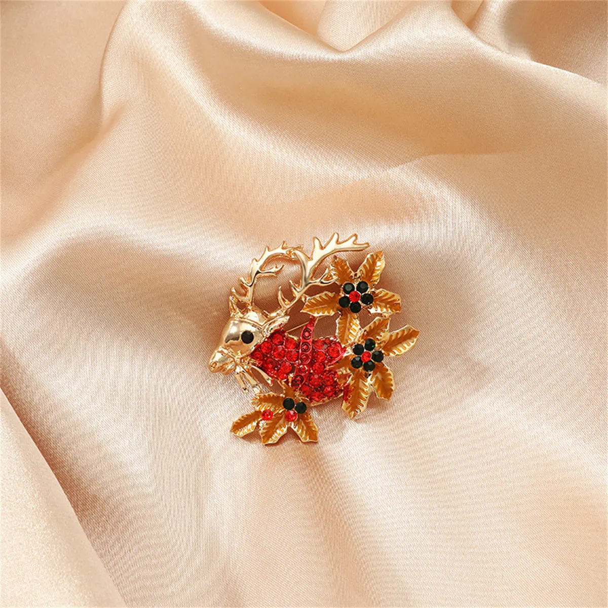 Brown Cubic Zirconia & 18K Gold-Plated Flower Reindeer Brooch