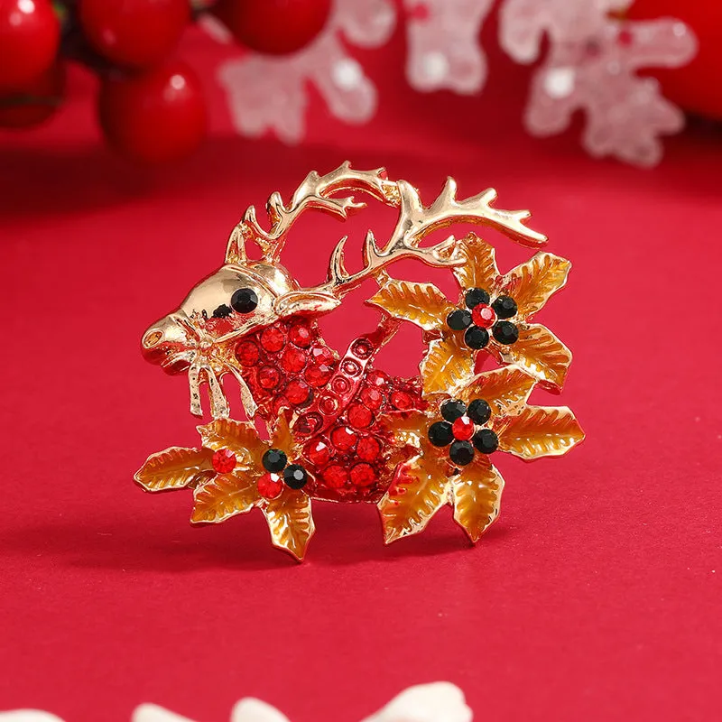 Brown Cubic Zirconia & 18K Gold-Plated Flower Reindeer Brooch