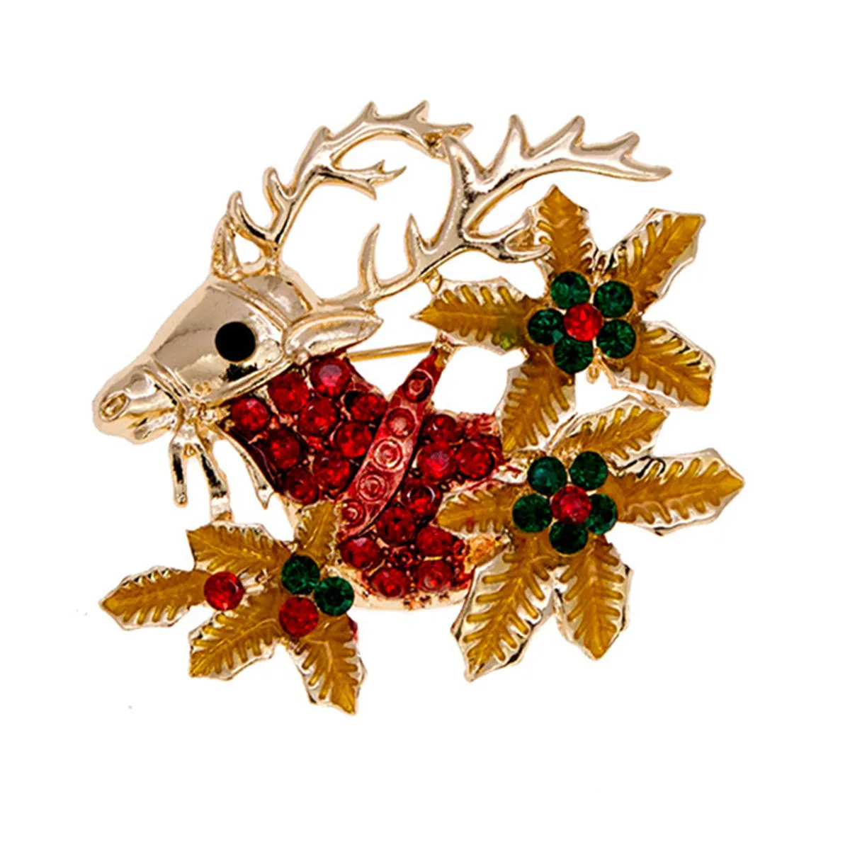 Brown Cubic Zirconia & 18K Gold-Plated Flower Reindeer Brooch