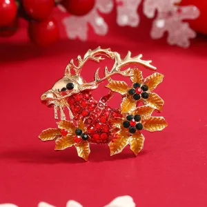 Brown Cubic Zirconia & 18K Gold-Plated Flower Reindeer Brooch