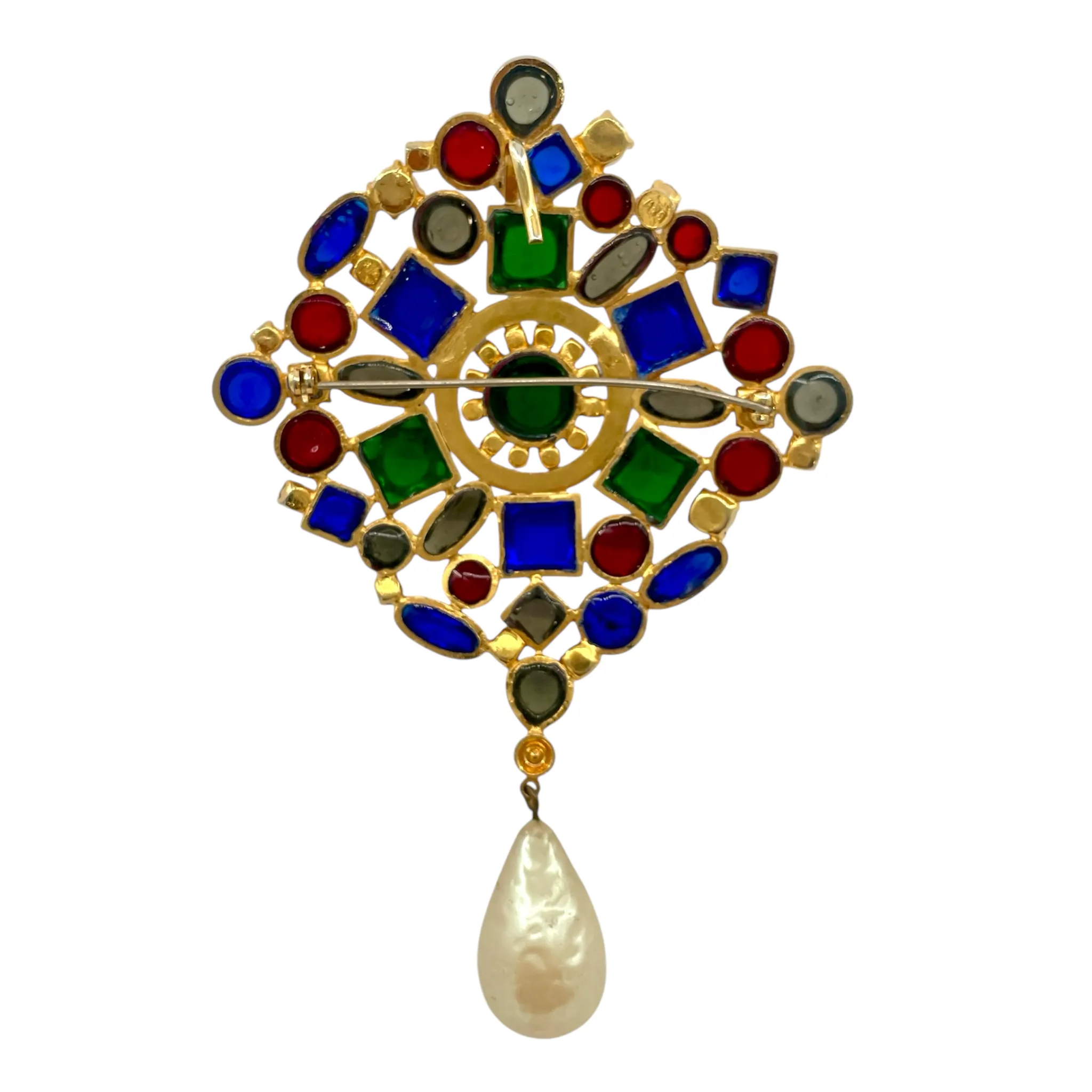 Butler & Wilson 1990’s Poured Glass Jewel Tone Brooch with Pearl Drop