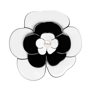 Camellia Large Pearl White Black Brooch